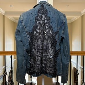 STYLE, Denim Blazer Jacket, Back w/ bead & gem embellished lace cutout.